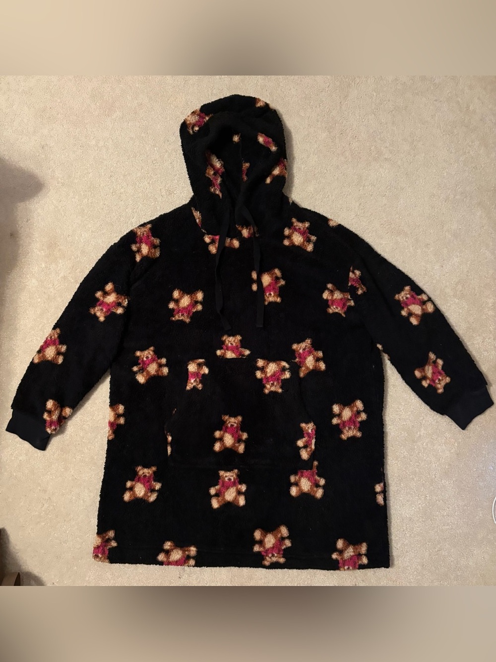 Cozy Black Blanket Hoodie with Teddy Print